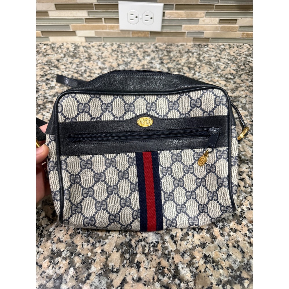 Gucci Crossbody Bag Small Blue GG Supreme Ophidia Vintage Web Stripe Canvas